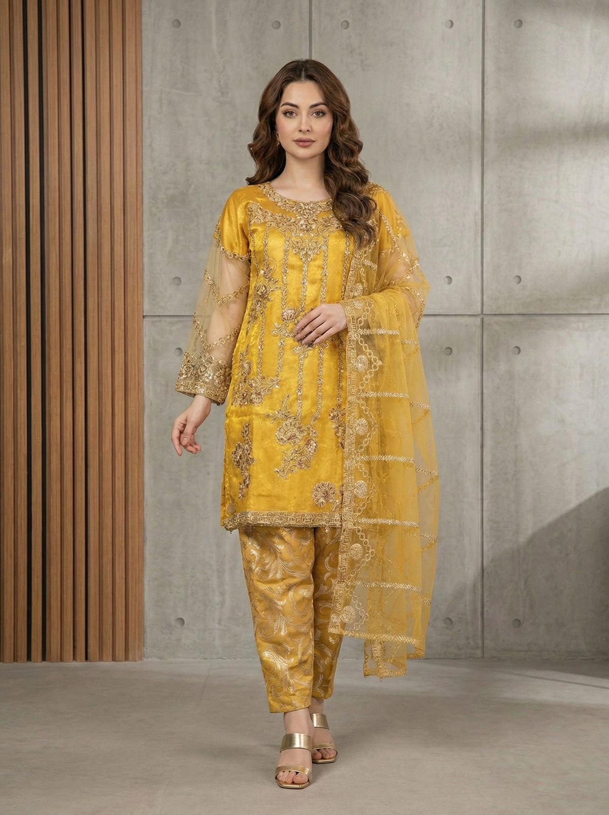 Mustard Gold Embroidered 3-Piece Net Suit