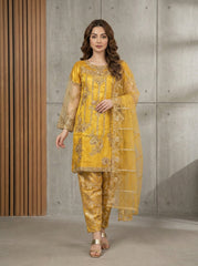Mustard Gold Embroidered 3-Piece Net Suit