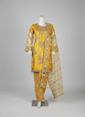 Mustard Gold Embroidered 3-Piece Net Suit